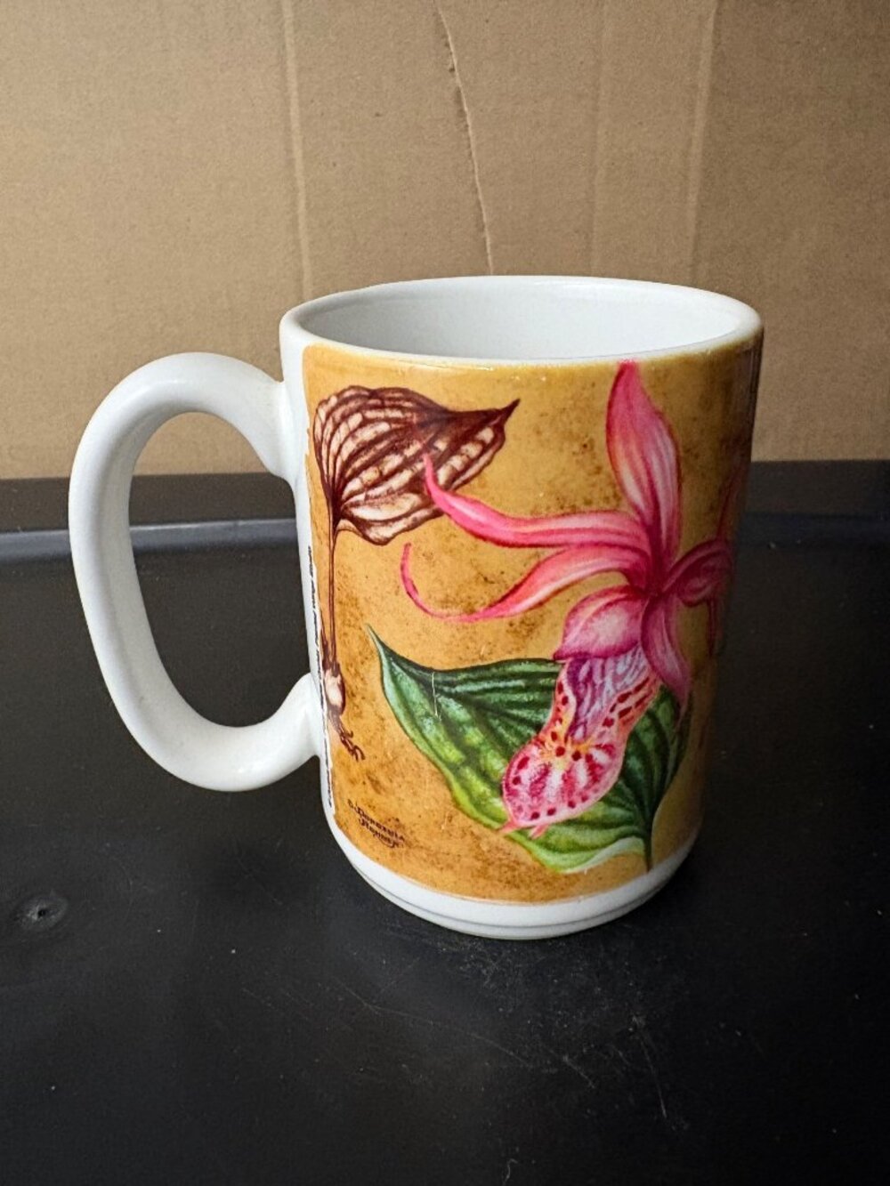 Floral Ceramic Coffee Mug With Fairy Slipper Orchid Design By Dorotha Rohner USA